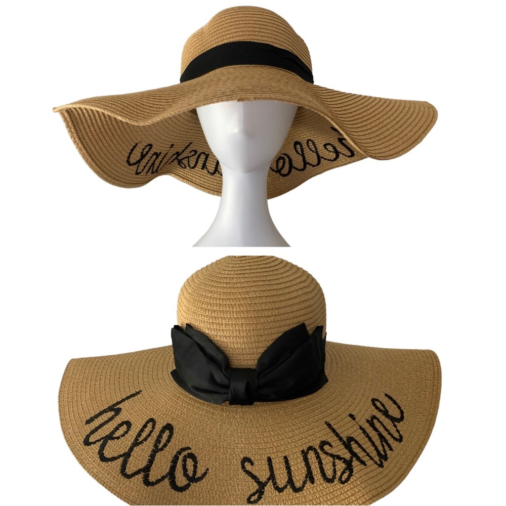 LAST ONE! NEW Embroidered Hello Sunshine Boho Wide Brim Floppy Straw Sun Hat